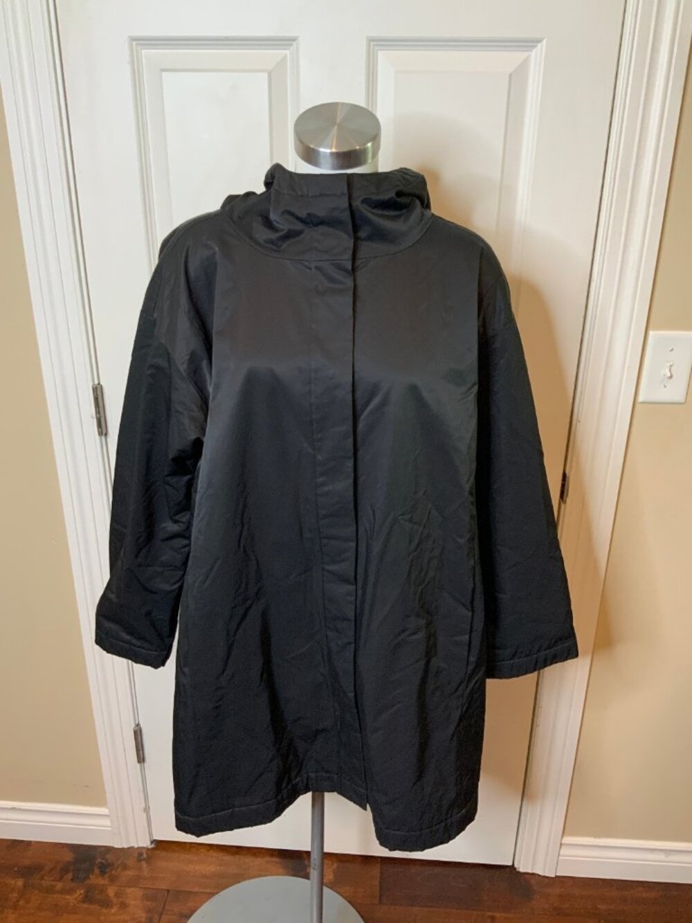 Eileen Fisher Black Water Resistant Button-Up Hooded Long Coat, Size M